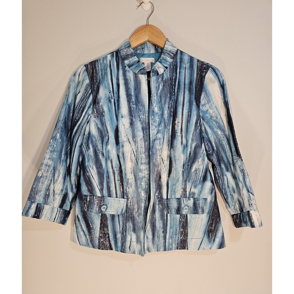 Chicos Blue Abstract Metallic Open Front Blazer Jacket Size 0 S 3/4 Sleeve